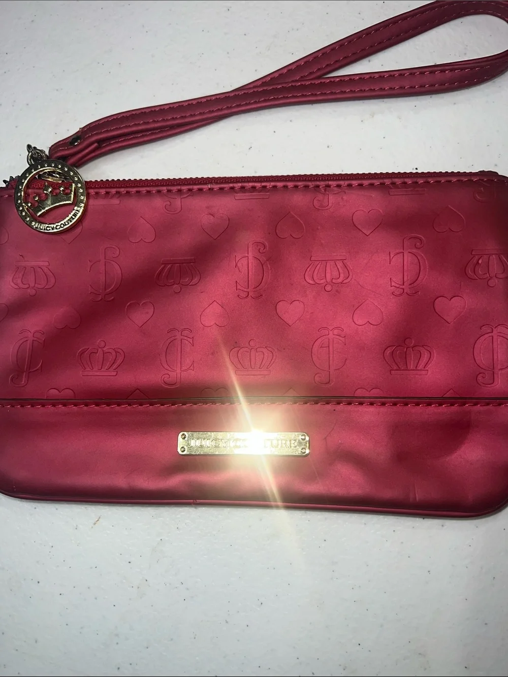 Juicy Couture Red Embossed Satin Wristlet Clutch with Gold Hardware